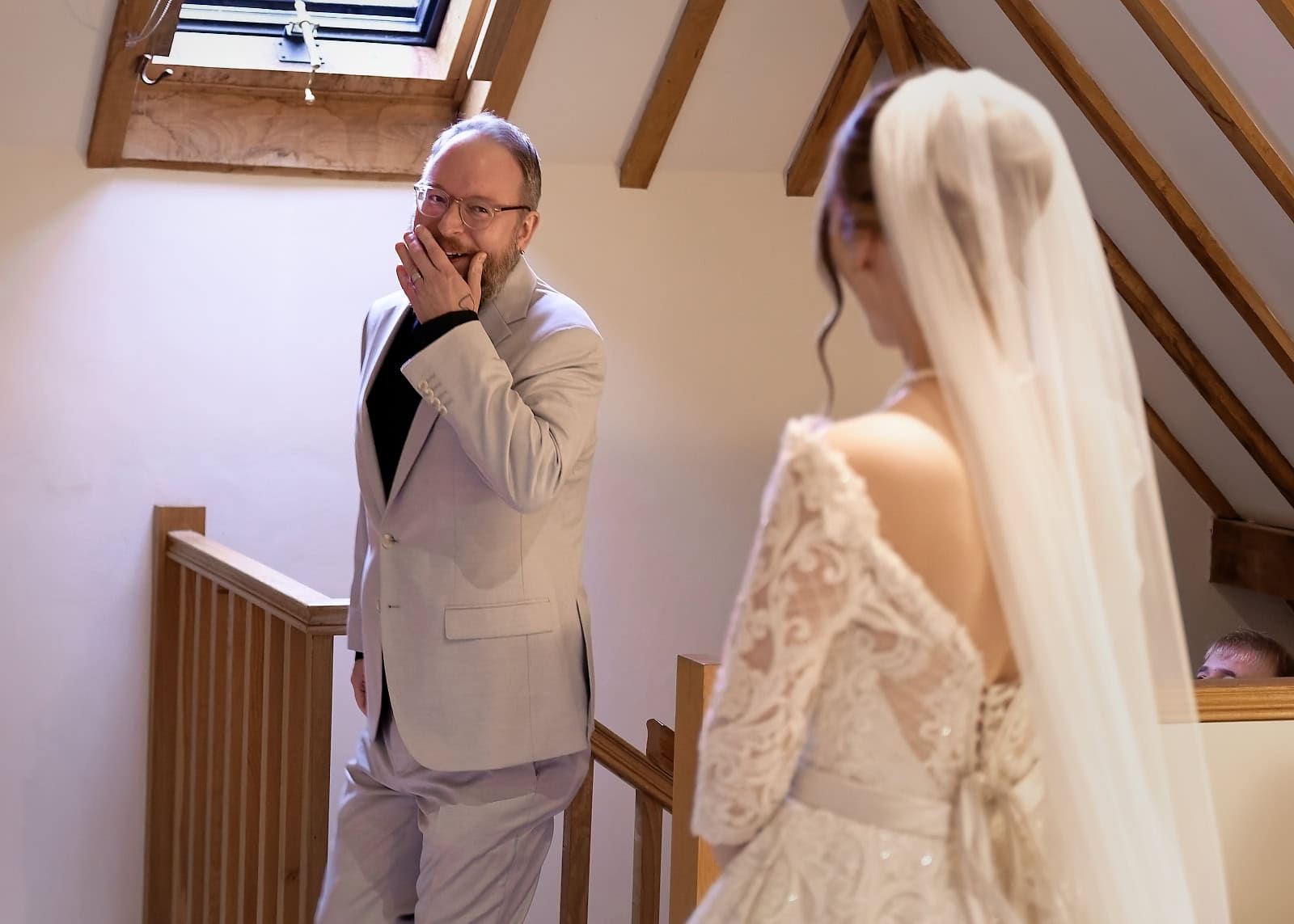 Emotional first look between bride and father at Trading Boundaries wedding Sussex