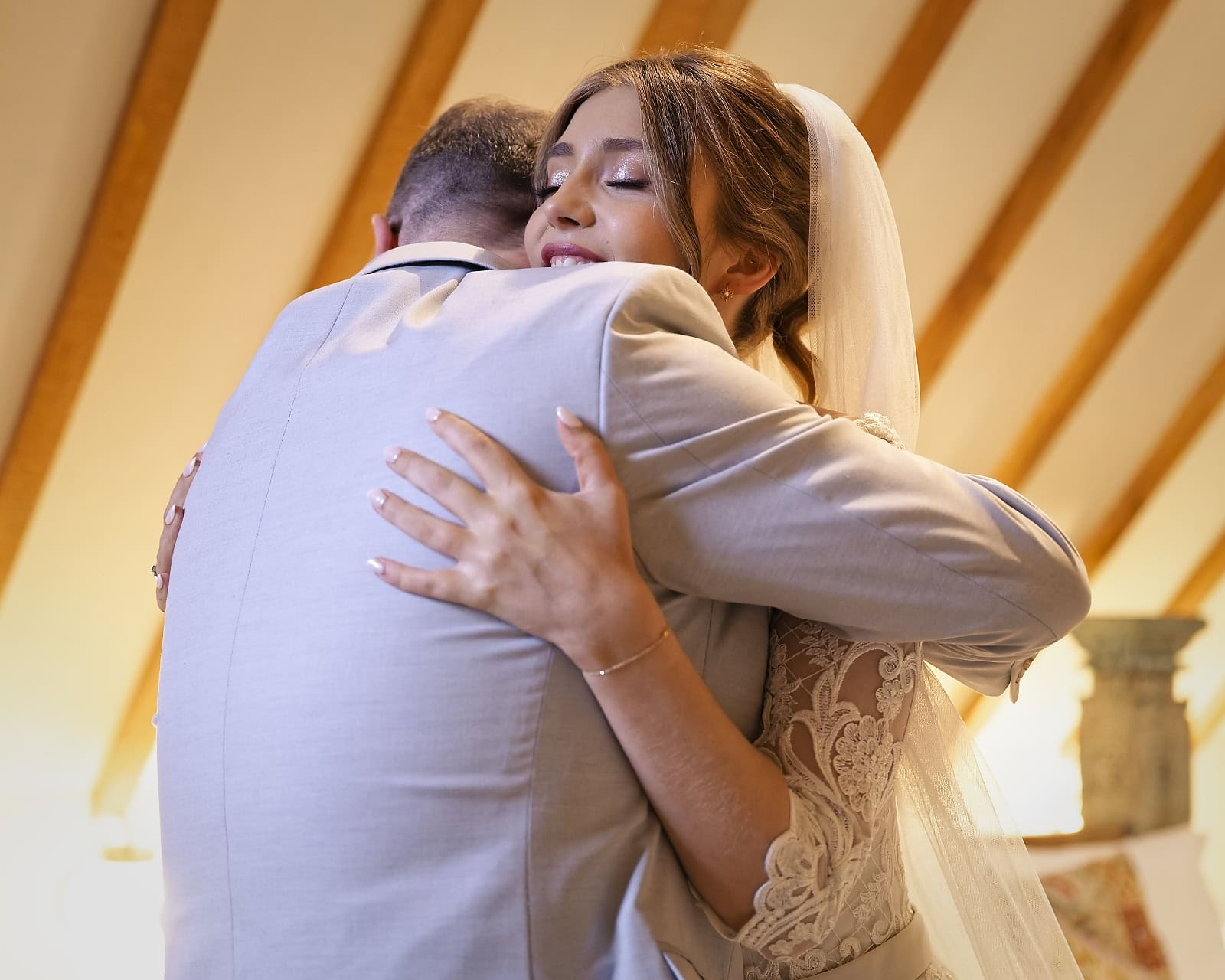 Emotional first look between bride and father at Trading Boundaries wedding