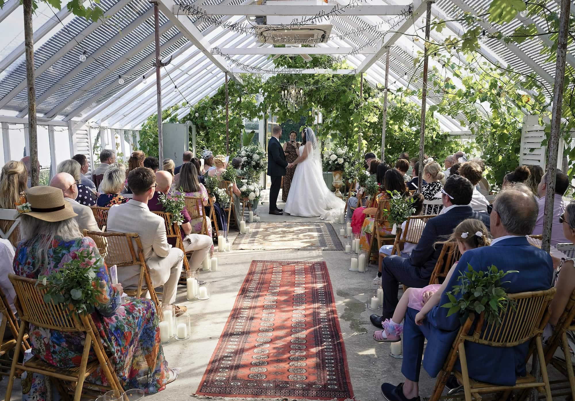 Wide view of the wedding ceremony inside the vine-covered glass glasshouse at Gooseberry House
