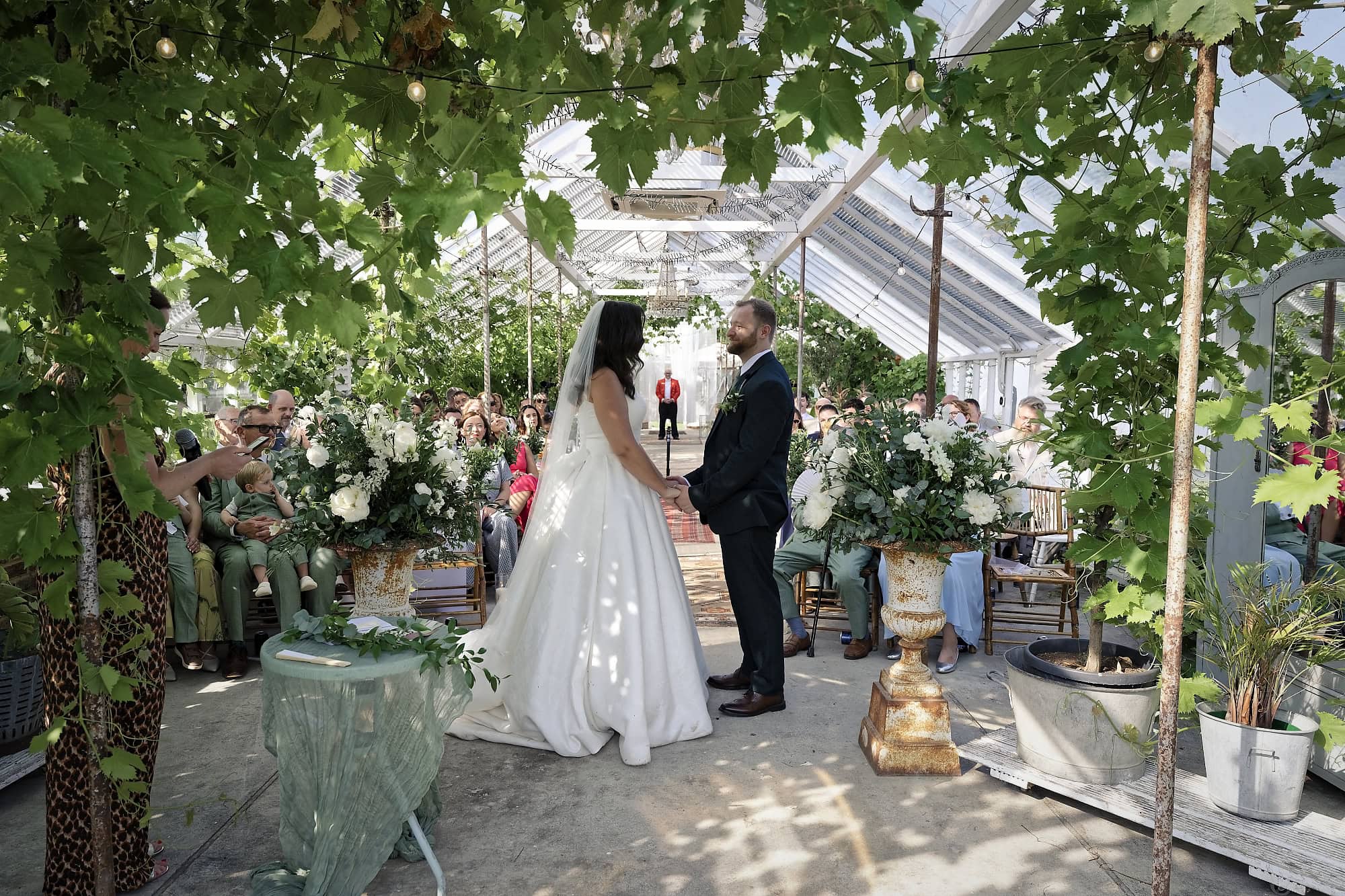 Bride and groom holding hands during their celebrant ceremony among the greenery