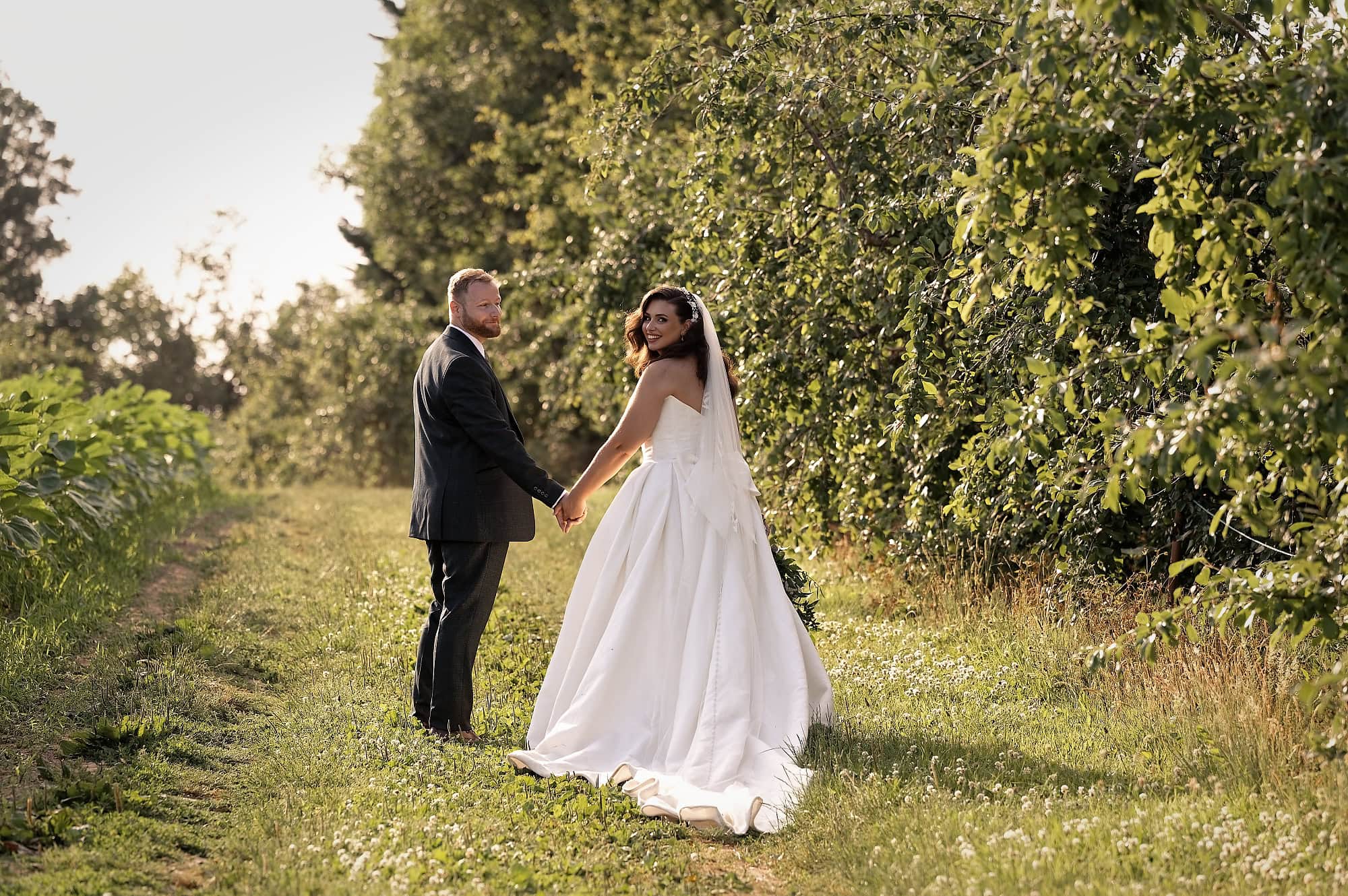 Bride and groom walking together in golden hour light along a hedgerow