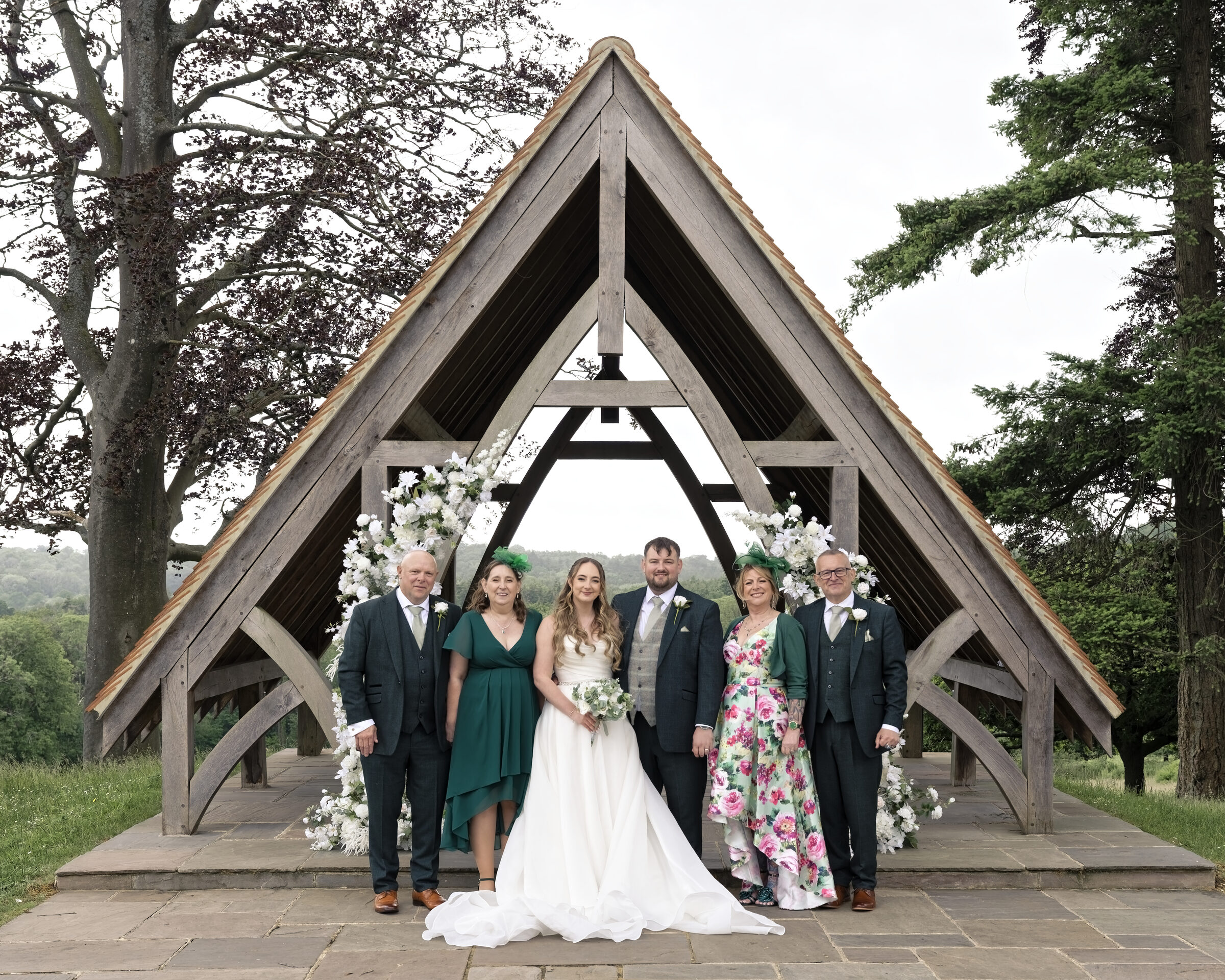 Wedding party and family group portrait at the Highley Manor ceremony pavilion