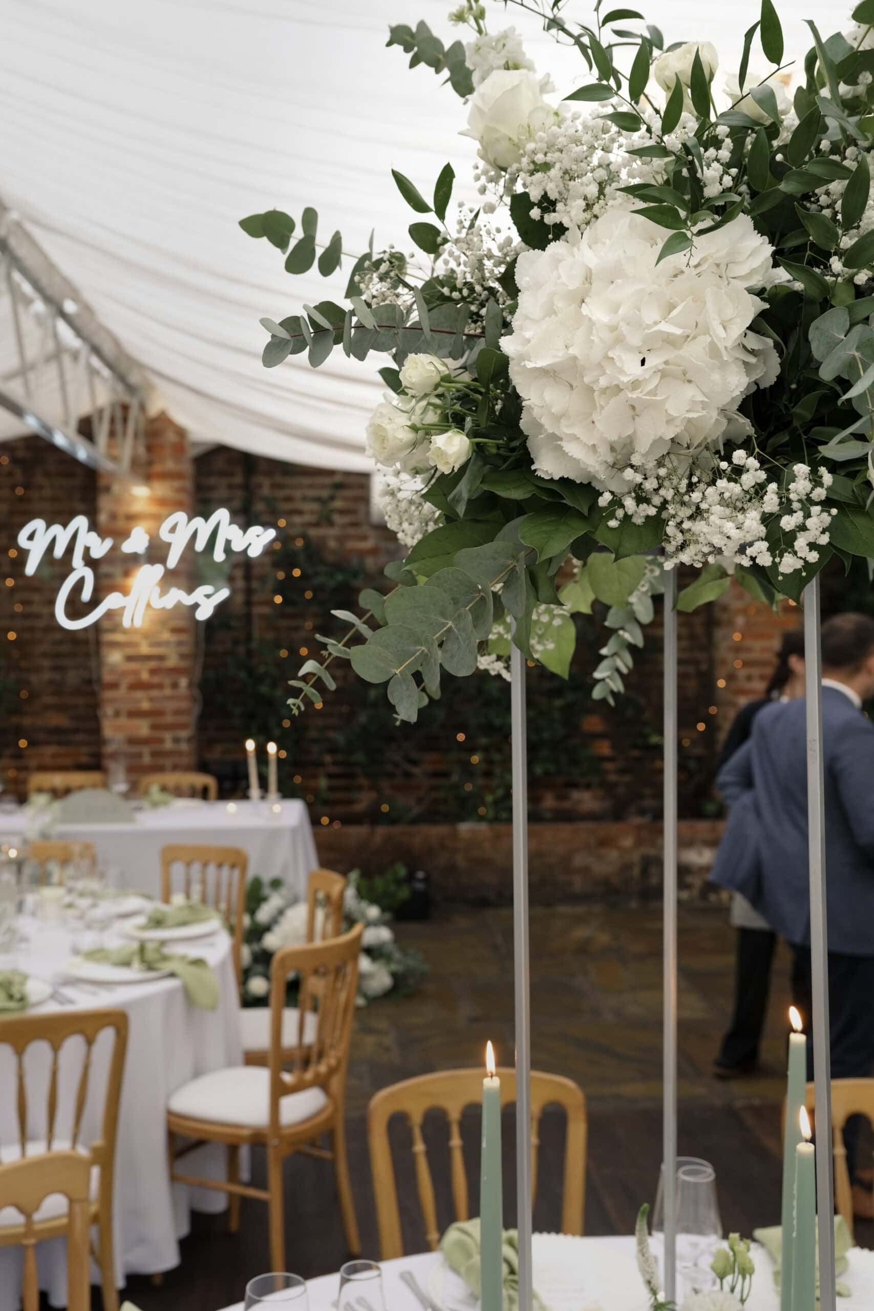 Reception table florals and candles set for the wedding breakfast