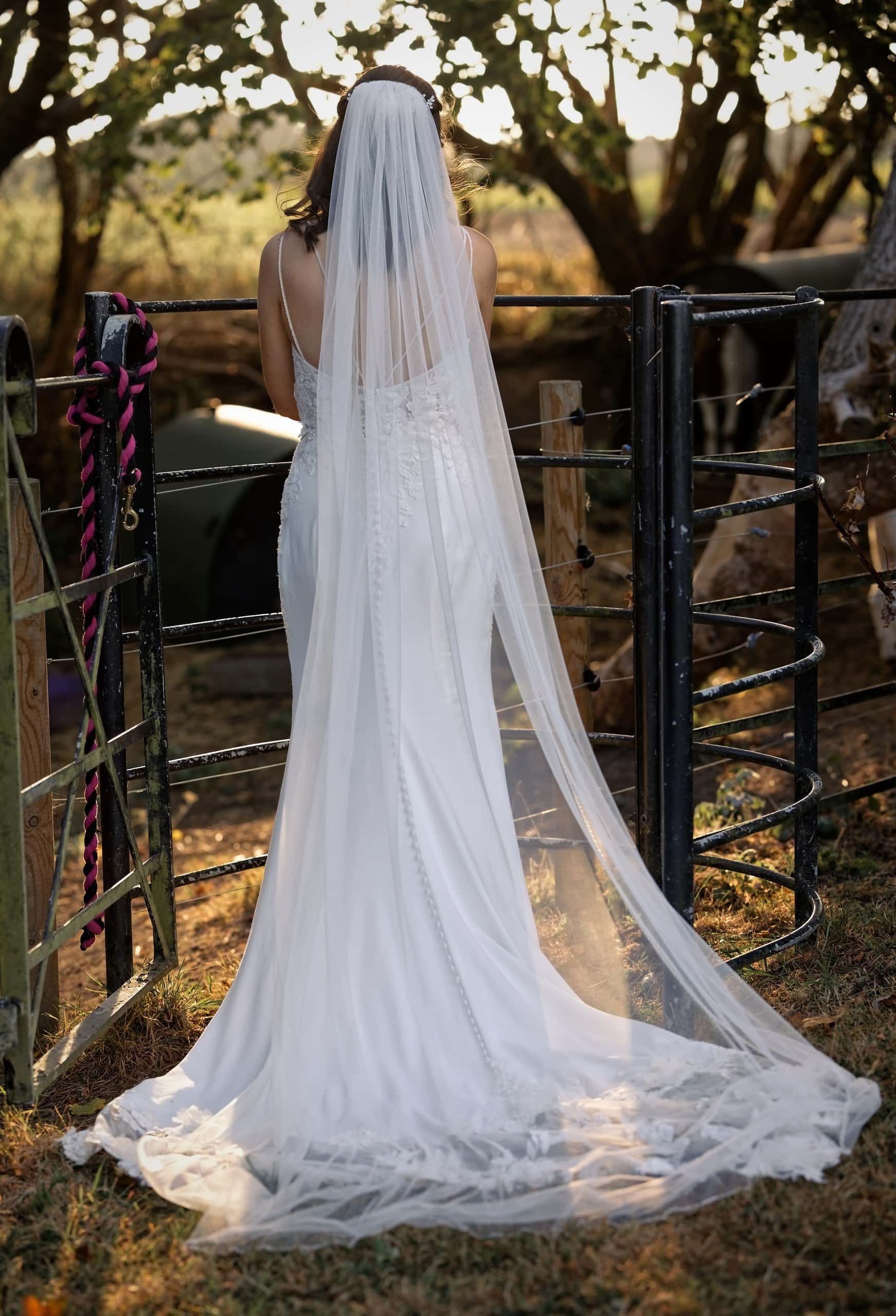 Bride's cathedral length veil glowing in golden hour light by an old iron gate